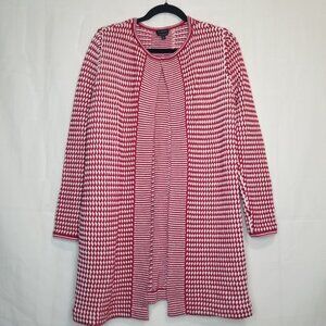 TALBOTS Basket Weave knit open front cardigan red white size S merino wool duste